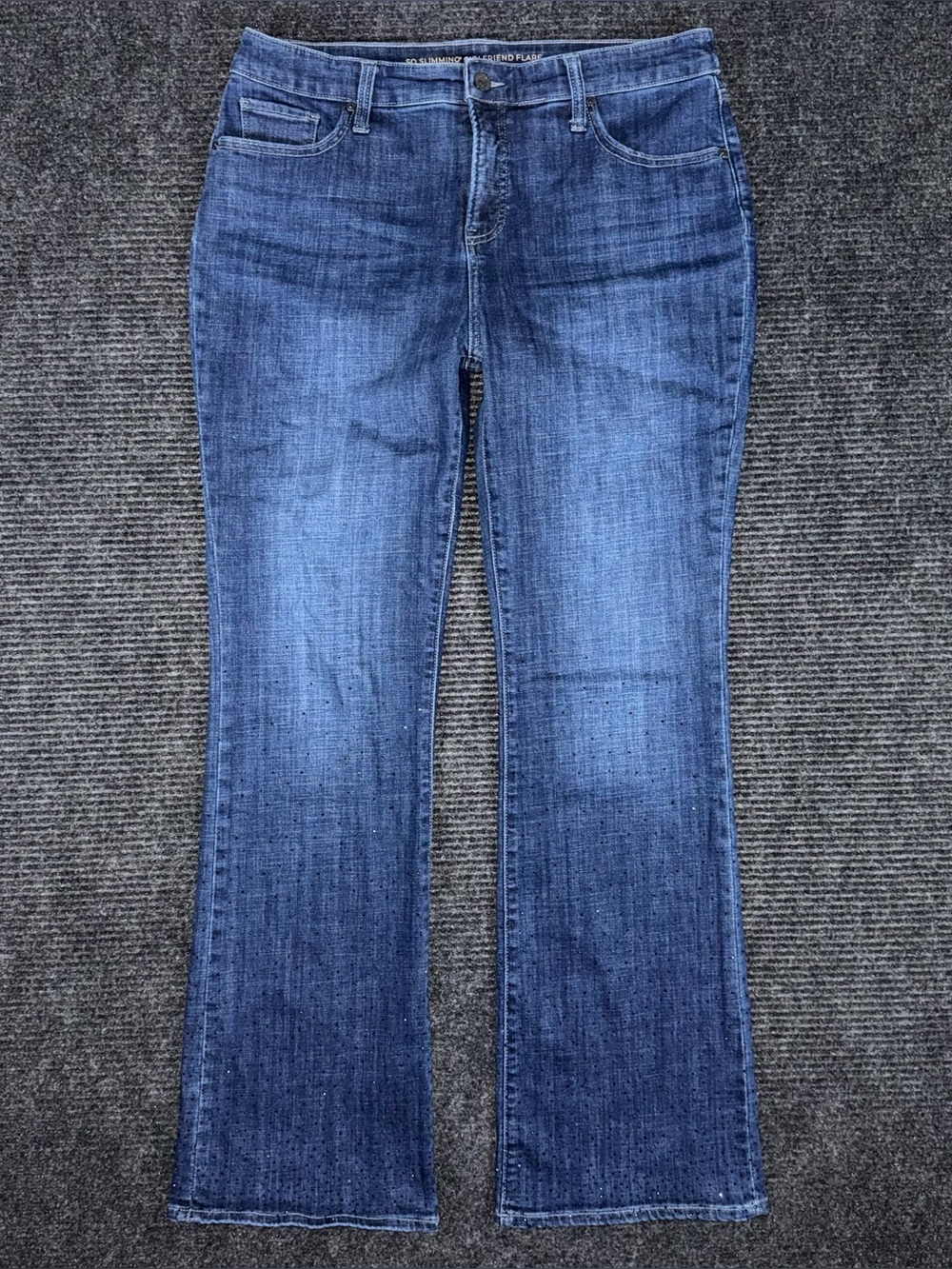 Chicos Jeans Womens 10 / Chicos 1.5 Blue So Slimming Girlfriend Flare Rhinestone
